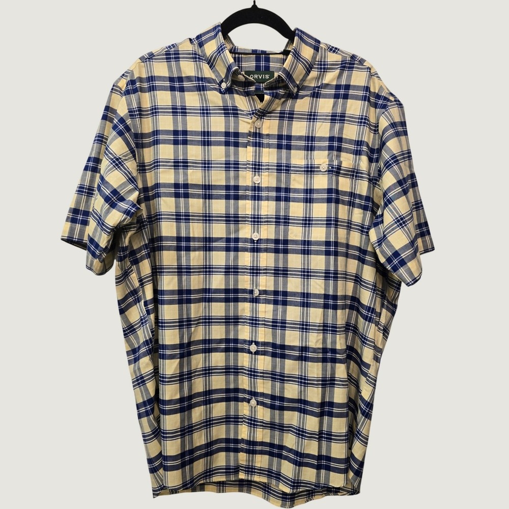 Orvis Men's Plaid Button Down Shirt Large Blue Cream Short Sleeve Classic Fit
